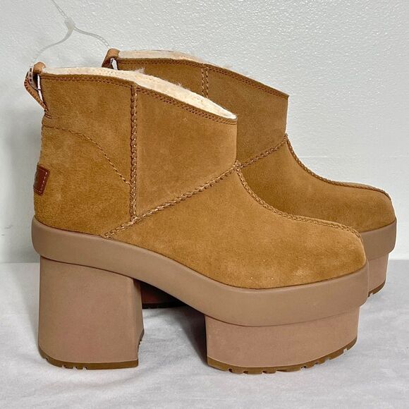 UGG New Heights Platform Mini Chestnut Suede Ankle Boots Original $249 NWOB Sz 8 - Picture 2 of 10